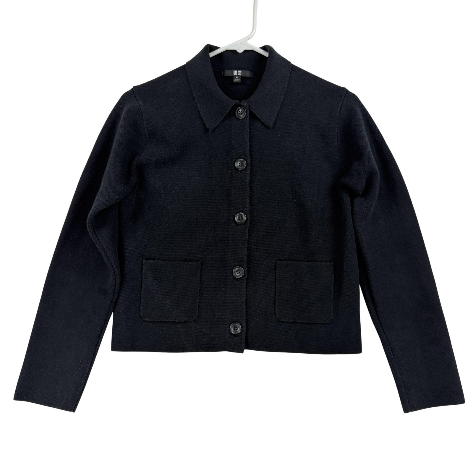 Uniqlo Cardigan Sweater Womens Xs Black Collared Button Front Pockets Knit